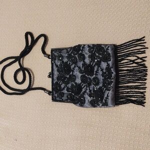 Lancome Black Sequin, beaded fringe purse